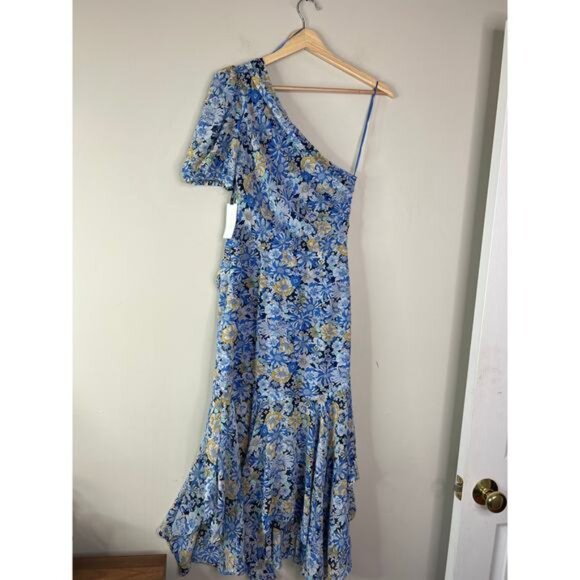 NWT ASTR Santorini One Shoulder Puff Sleeve Blue Peach Floral Midi Dress Sz: XS - Picture 6 of 7